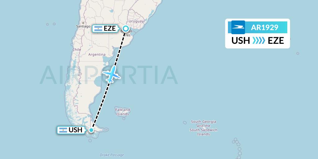 AR1929 Aerolineas Argentinas Flight Map: Ushuaia to Buenos Aires