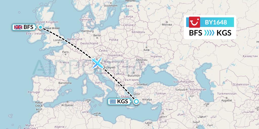 BY1648 TUI Airways Flight Map: Belfast to Kos