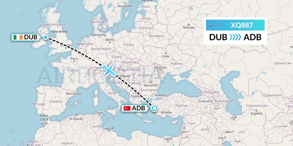 XQ887 SunExpress Flight Map: Dublin to Izmir