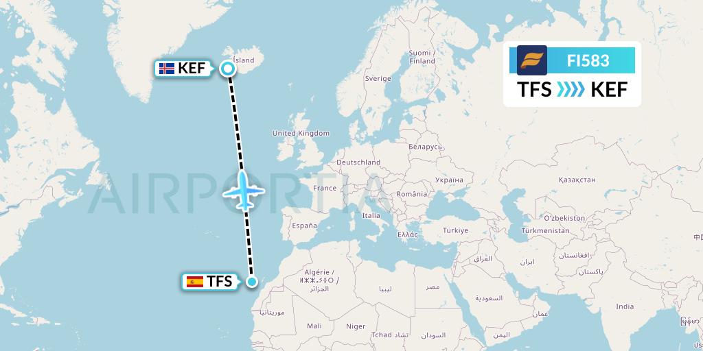FI583 Icelandair Flight Map: Tenerife to Reykjavik