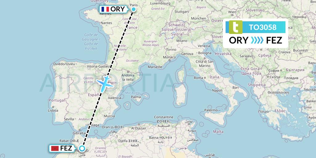 TO3058 Transavia France Flight Map: Paris to Fes