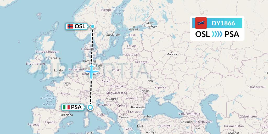 DY1866 Norwegian Flight Map: Oslo to Pisa