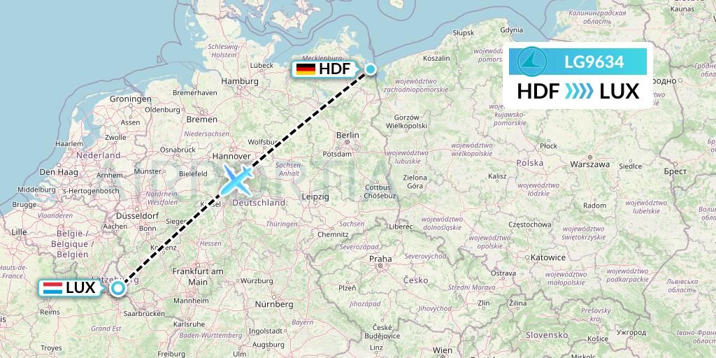 LG9634 Luxair Flight Map: Heringsdorf to Luxembourg