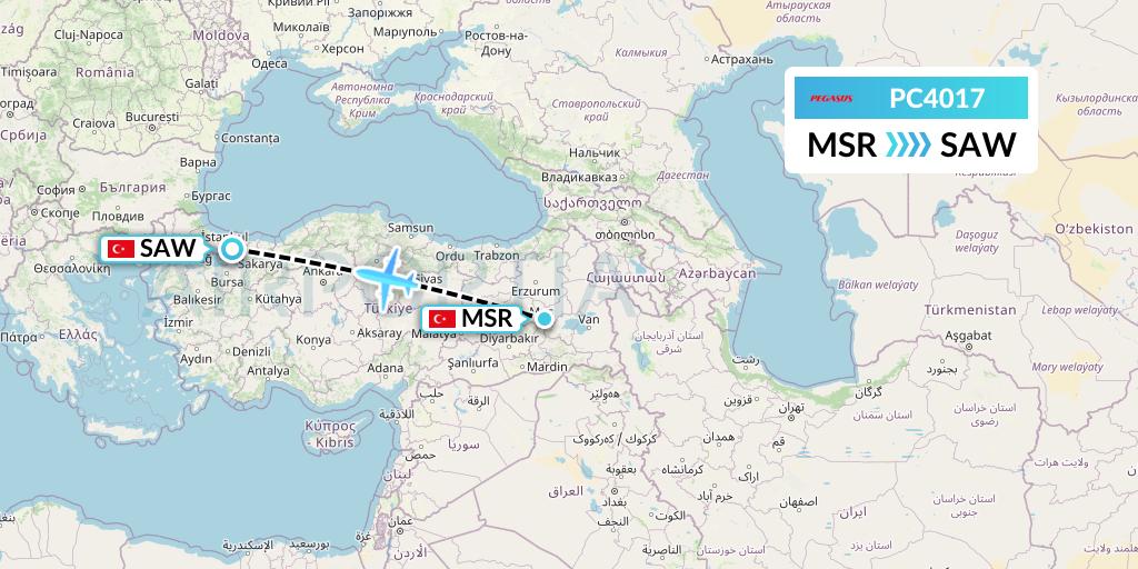 PC4017 Pegasus Airlines Flight Map: Mus to Istanbul