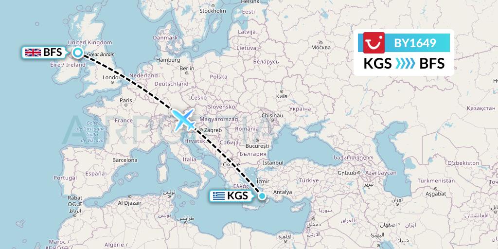 BY1649 TUI Airways Flight Map: Kos to Belfast