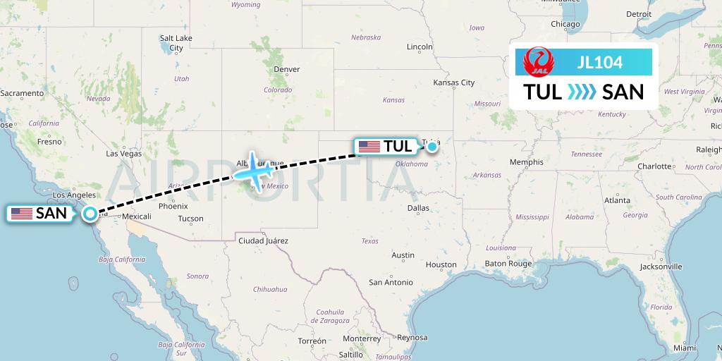 JL104 Japan Airlines Flight Map: Tulsa to San Diego