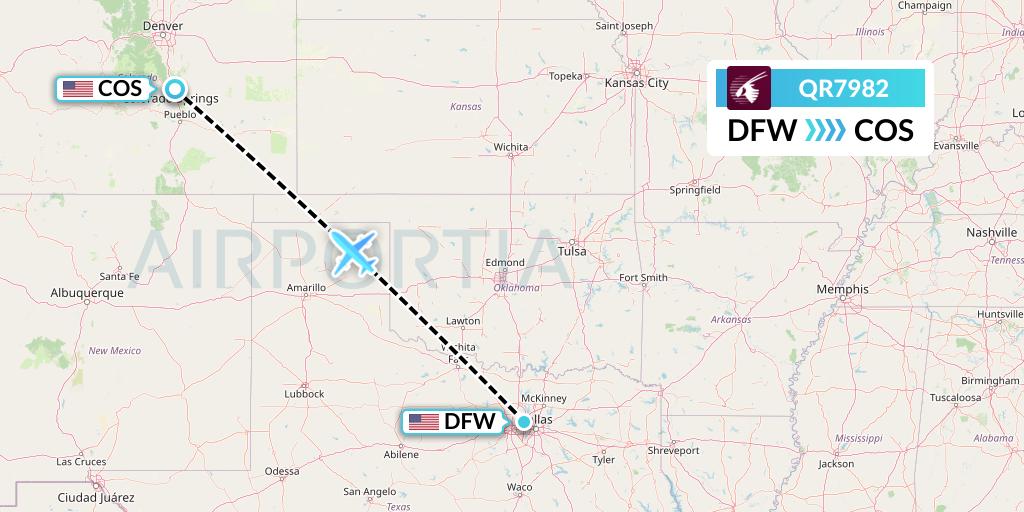 QR7982 Qatar Airways Flight Map: Dallas to Colorado Springs