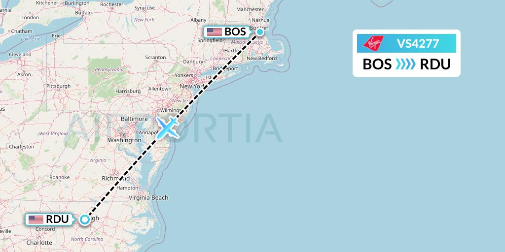 VS4277 Virgin Atlantic Airways Flight Map: Boston to Raleigh-Durham