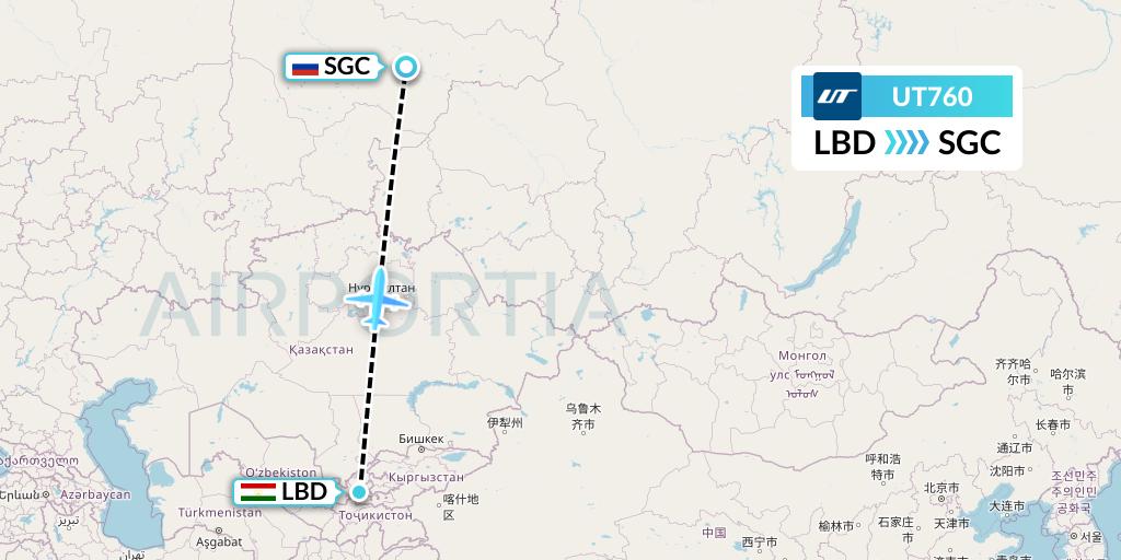 UT760 UTair Flight Map: Khudzhand to Surgut