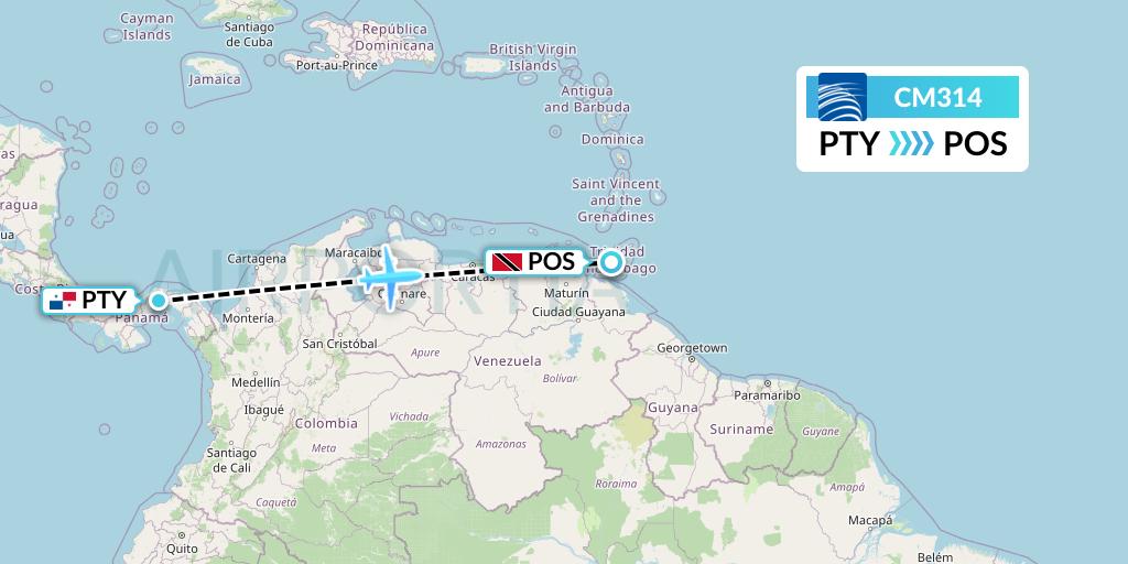 CM314 Copa Airlines Flight Map: Panama City to Port of Spain