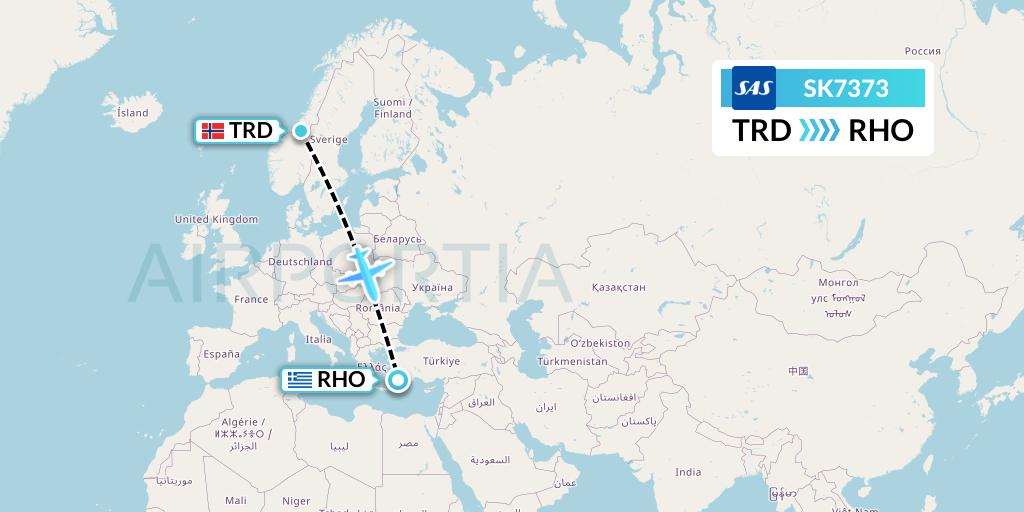 SK7373 SAS Flight Map: Trondheim to Rhodes