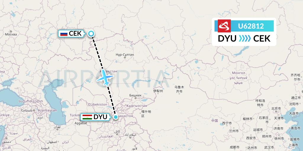 U62812 Ural Airlines Flight Map: Dushanbe to Chelyabinsk