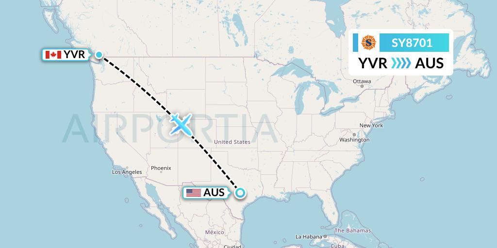 SY8701 Sun Country Airlines Flight Map: Vancouver to Austin