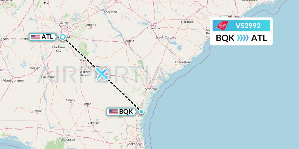 VS2992 Virgin Atlantic Airways Flight Map: Brunswick to Atlanta