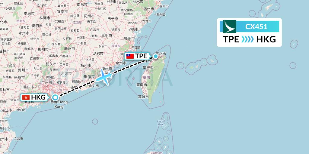 CX451 Cathay Pacific Flight Map: Taipei to Hong Kong