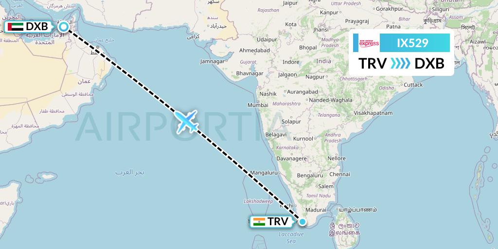 IX529 Air India Express Flight Map: Thiruvananthapuram to Dubai