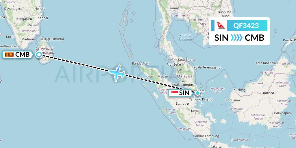 QF3423 Qantas Flight Map: Singapore to Colombo