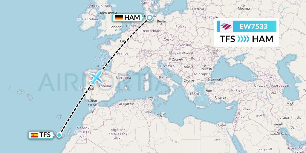 EW7533 Eurowings Flight Map: Tenerife to Hamburg