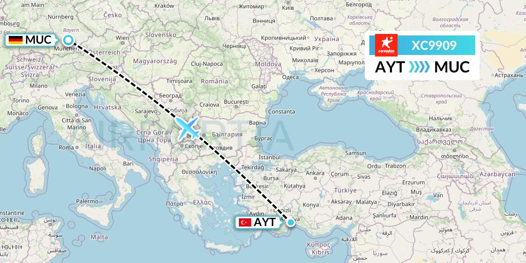 XC9909 Corendon Airlines Flight Map: Antalya to Munich