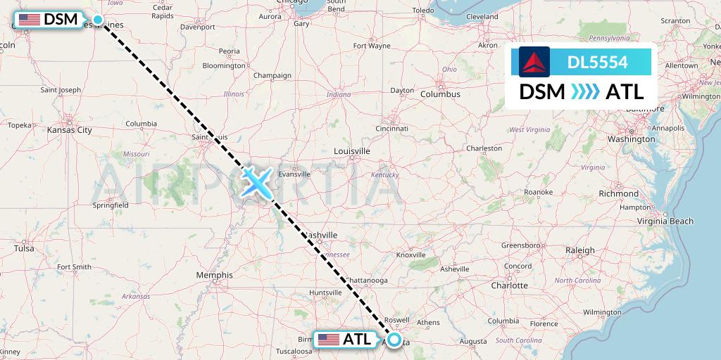 DL5554 Delta Air Lines Flight Map: Des Moines to Atlanta