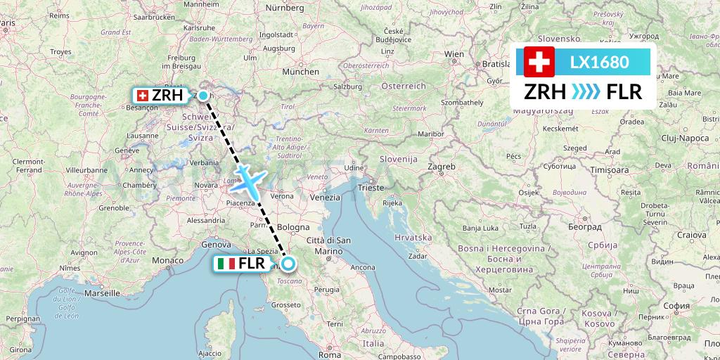 LX1680 Swiss Flight Map: Zurich to Florence