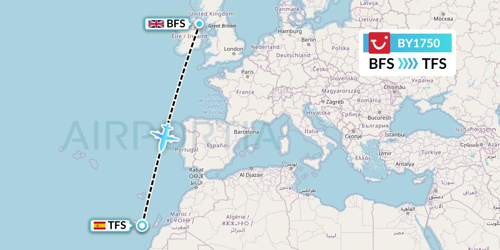 BY1750 TUI Airways Flight Map: Belfast to Tenerife