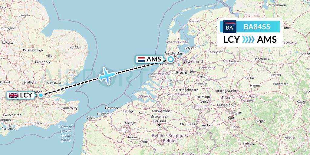BA8455 British Airways Flight Map: London to Amsterdam