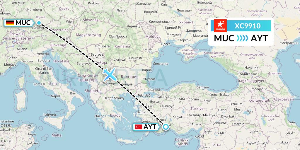 XC9910 Corendon Airlines Flight Map: Munich to Antalya