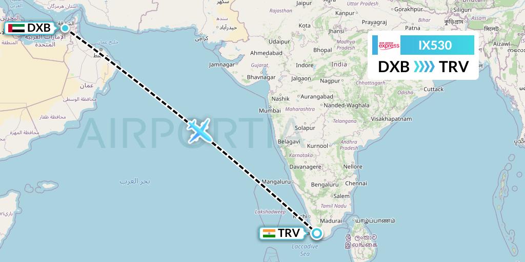IX530 Air India Express Flight Map: Dubai to Thiruvananthapuram
