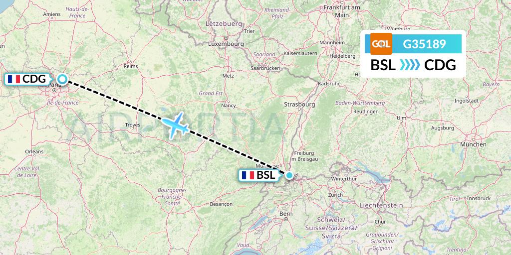 G35189 GOL Transportes Aeros Flight Map: Basel to Paris