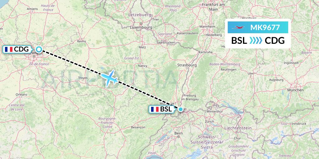 MK9677 Air Mauritius Flight Map: Basel to Paris
