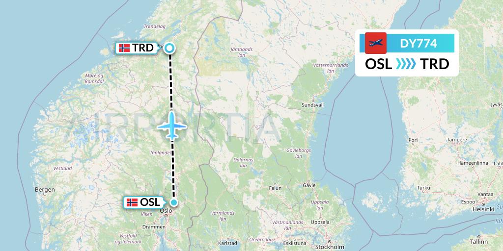 DY774 Norwegian Flight Map: Oslo to Trondheim