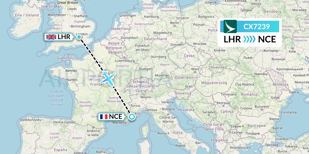 CX7239 Cathay Pacific Flight Map: London to Nice