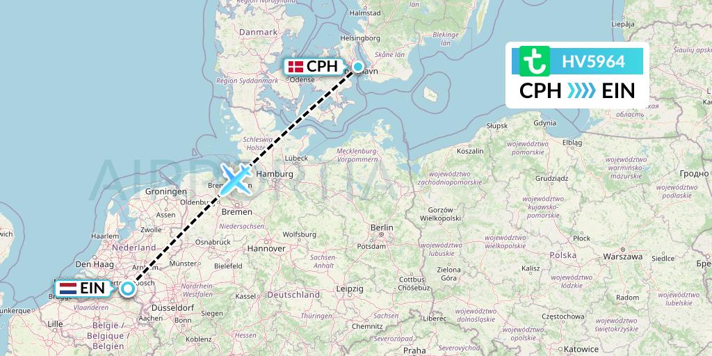 HV5964 Transavia Flight Map: Copenhagen to Eindhoven