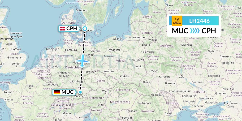LH2446 Lufthansa Flight Map: Munich to Copenhagen