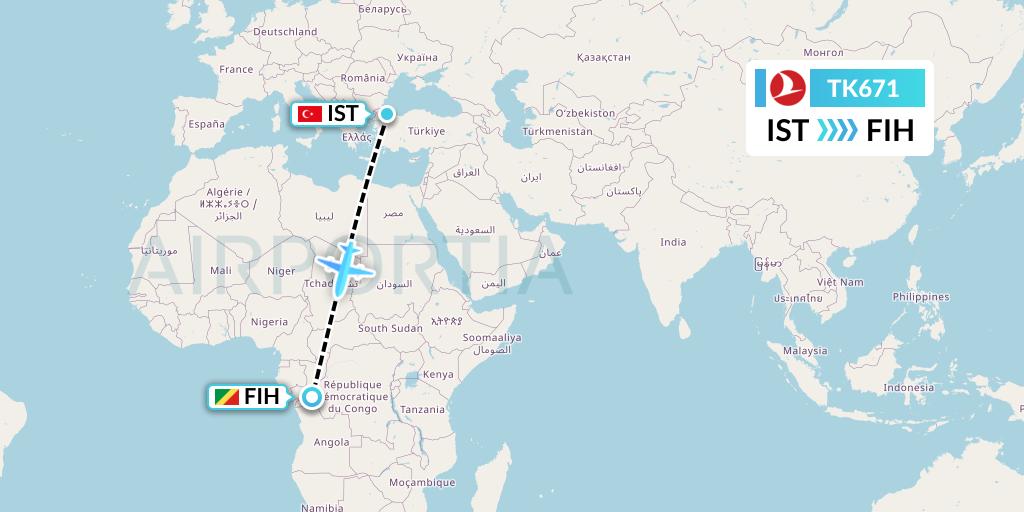 TK671 Turkish Airlines Flight Map: Istanbul to Kinshasa