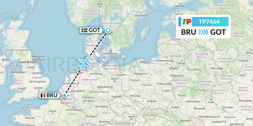 TP7464 TAP Portugal Flight Map: Brussels to Gothenburg