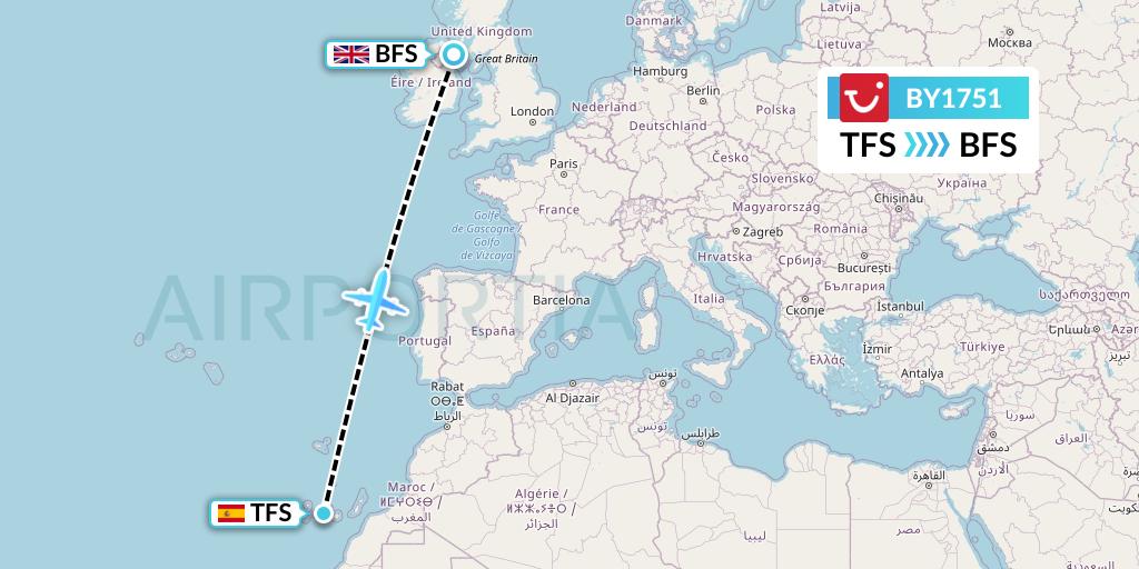 BY1751 TUI Airways Flight Map: Tenerife to Belfast