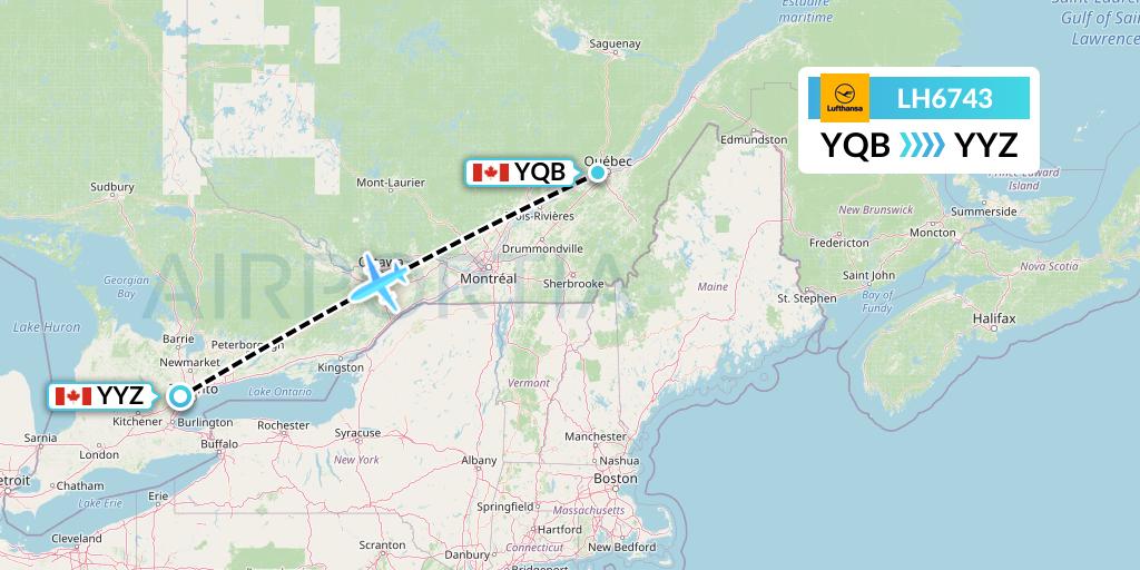 LH6743 Lufthansa Flight Map: Quebec to Toronto