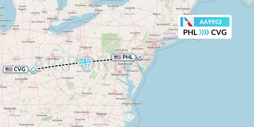 AA9953 American Airlines Flight Map: Philadelphia to Cincinnati