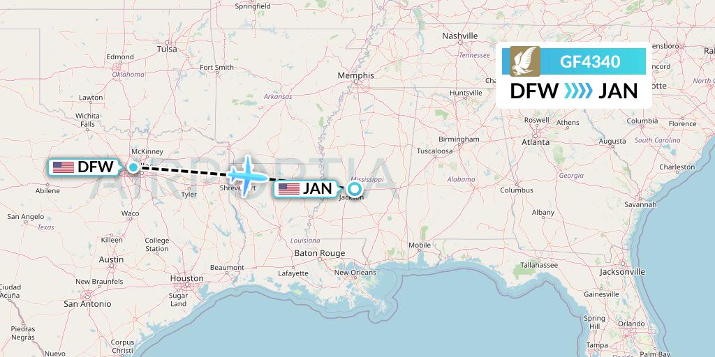 GF4340 Gulf Air Flight Map: Dallas to Jackson