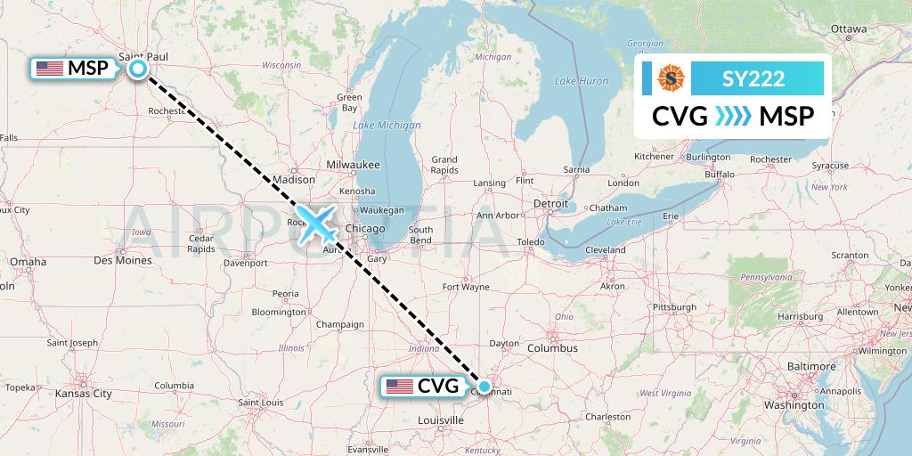 SY222 Sun Country Airlines Flight Map: Cincinnati to Minneapolis