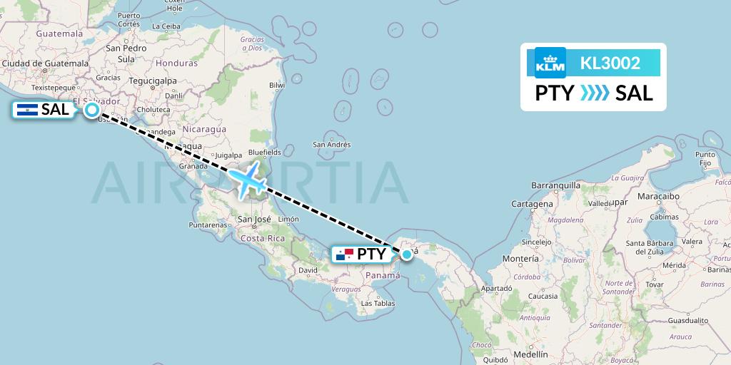 KL3002 KLM Flight Map: Panama City to San Salvador
