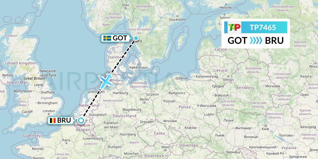 TP7465 TAP Portugal Flight Map: Gothenburg to Brussels