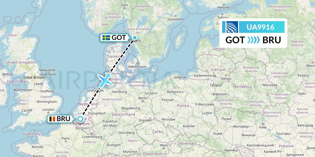 UA9916 United Airlines Flight Map: Gothenburg to Brussels