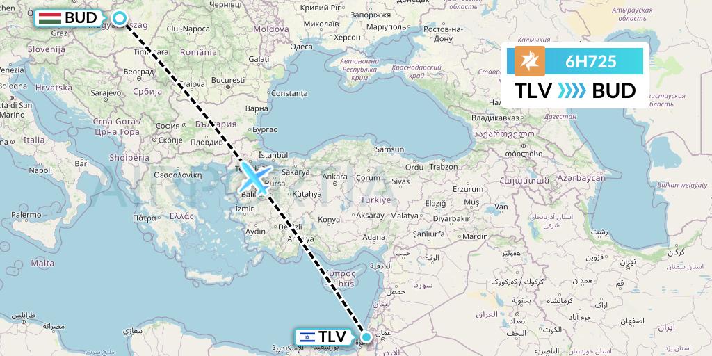 6H725 Israir Airlines Flight Map: Tel Aviv to Budapest
