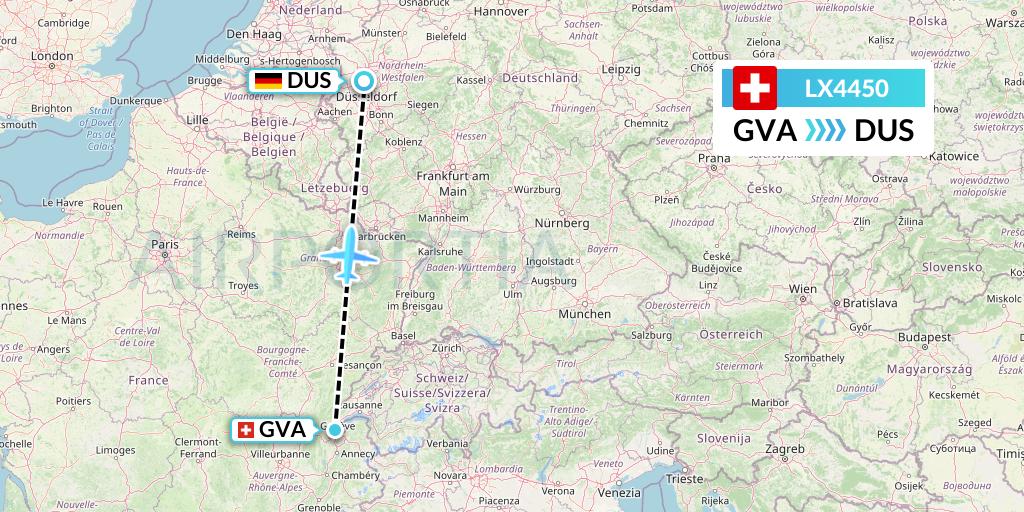 LX4450 Swiss Flight Map: Geneva to Dusseldorf
