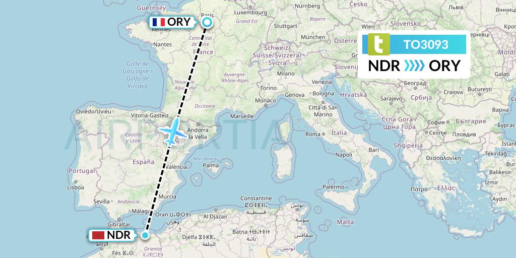TO3093 Transavia France Flight Map: Nador to Paris