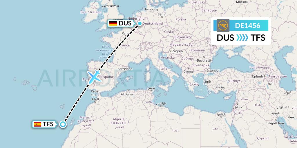 DE1456 Condor Flight Map: Dusseldorf to Tenerife