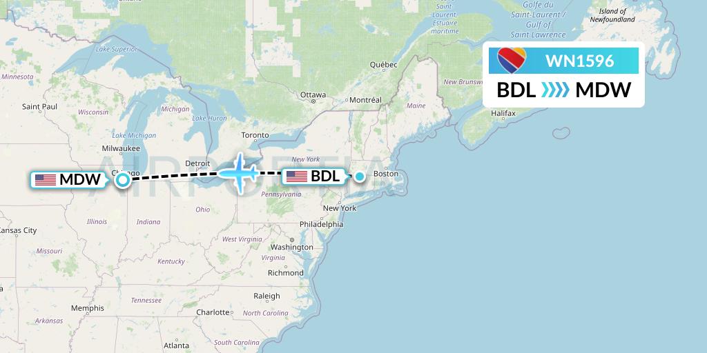 WN1596 Southwest Airlines Flight Map: Windsor Locks to Chicago